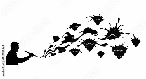 Artist creating abstract ink splashes and shapes with a brush, symbolizing creativity and imagination.