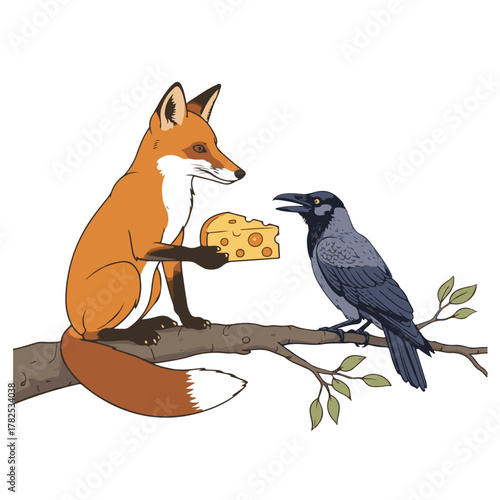 A clever fox offers a piece of cheese to a crow sitting on a tree branch