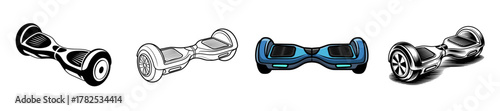 hoverboard set with color, silhouette, line art and vintage design, vector illustrations for personal transport and urban mobility