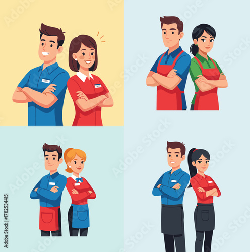 Four sets of cartoon workers, each pair with crossed arms, wearing uniforms and aprons, against different colored backgrounds.