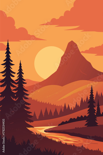Mountain sunset landscape with pine trees and river