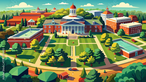 Very beautiful aerial view of McKeldin Mall with McKeldin Library at the center, surrounded by academic buildings and lush green lawns at the University of Maryland on a sunny day, with realistic vibr