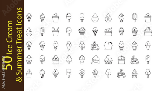 50 Ice Cream and Summer Treat Line Icons Set