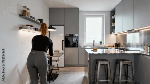 Urban microapartment kitchen and dining area designed for convenience and style within a compact footprint.