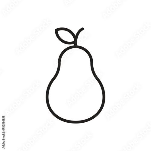 A simple black outline of a pear with a leaf on top