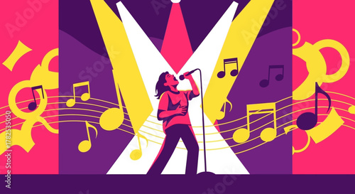 Bold Color Block Vector Illustration of Singing Performance and Creative Joy