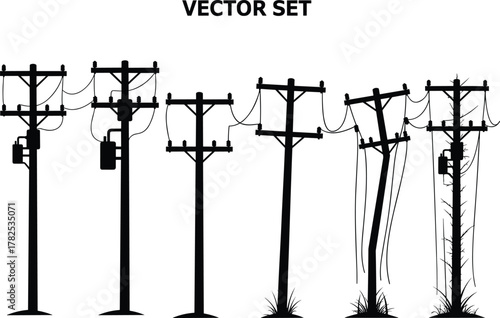 Flat vector illustration of six utility pole silhouettes showing various conditions, broken wires, transformers, vegetation, black and white design