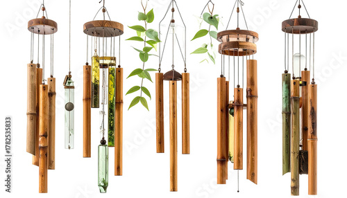 Various wind chimes in bamboo and wood, hanging with greenery