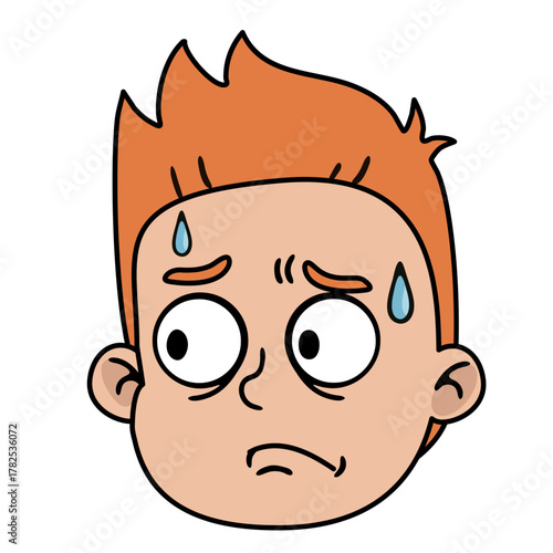 Sweating boy with red hair looks worried and confused. Child face showing anxiety and fear for emoji or sticker design.