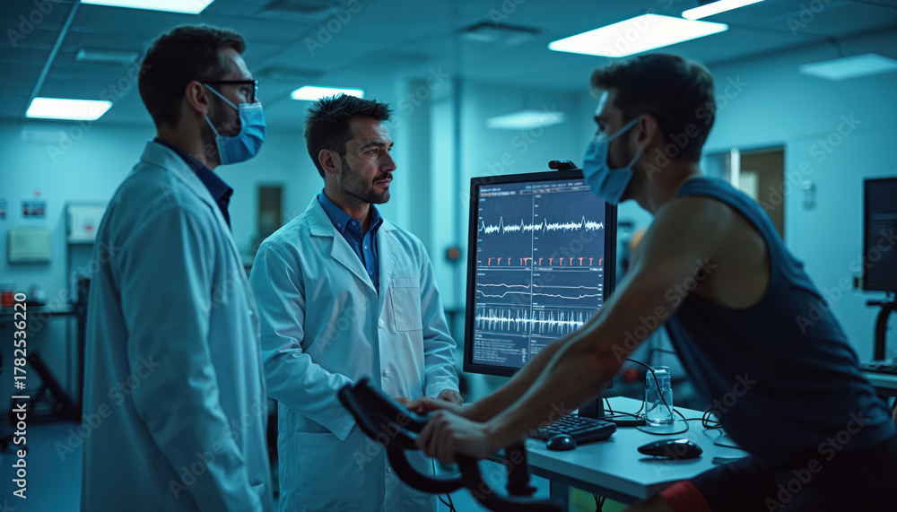Obraz premium Scientists in lab coats wear masks, watching athlete exercise on machine. Computer screen displays heart rate data, analyzing fitness. Medical research team works in clinic.
