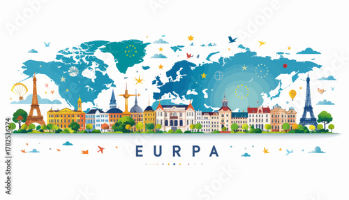 European landmarks and world map skyline