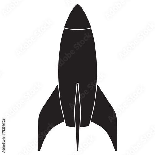Black silhouette of a retro rocket ship launching into space