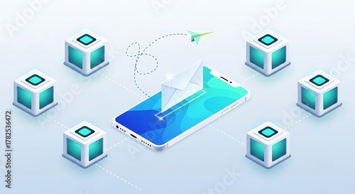 Wallpaper Mural Smartphone with 3D Blocks and Paper Plane in Air Torontodigital.ca