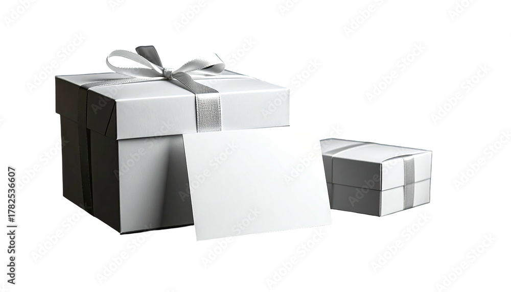 Obraz premium White gift boxes tied with satin ribbons, with a blank card, isolated on black