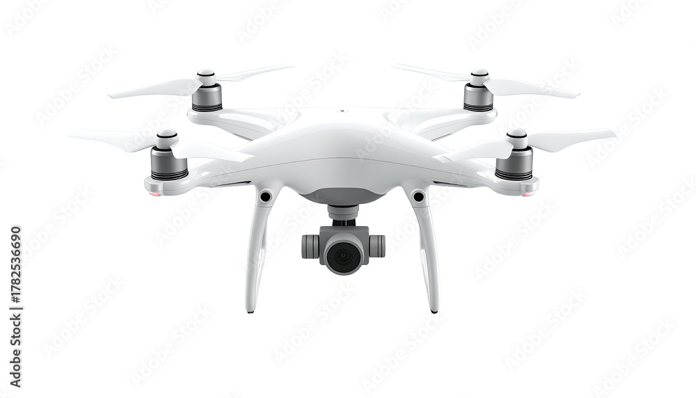 Fototapeta premium Modern aerial photography device, white plastic body, four propellers, camera gimbal, flying