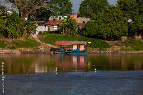 Boats on a river. View of the Sinu River at the Monteria City in Colombia