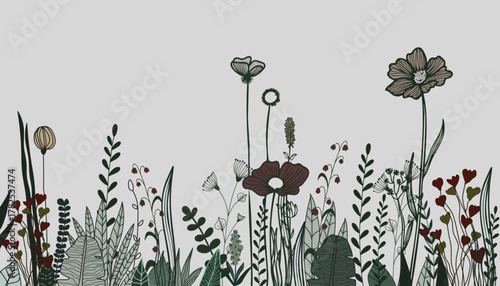 Greenish grass with flowers in plain background 