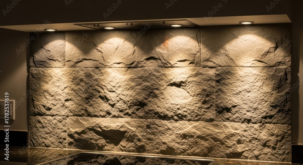 Obraz premium Modern kitchen backsplash with dramatic accent lighting highlighting textured stone wall