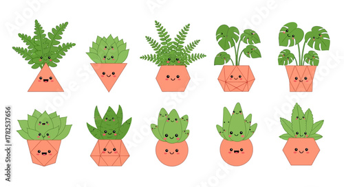 Simple Kawaii Happy House Plant Vector Set for Home Decoration