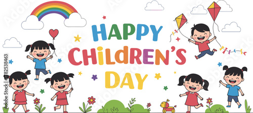 happy children’s day, cartoon kids celebration, kite balloon scene, rainbow background sketch, playful outfit template, festive illustration, childhood joy, greeting card