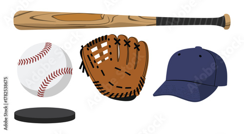 Baseball equipment including bat, ball, glove, and cap, perfect for sports graphics, team branding, educational materials, merchandise design, and vector illustration
