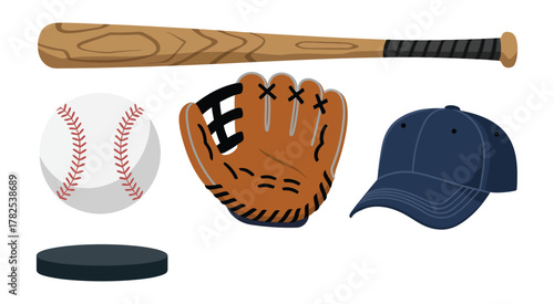 Baseball equipment including bat, ball, glove, and cap, perfect for sports graphics, team branding, educational materials, merchandise design, and vector illustration