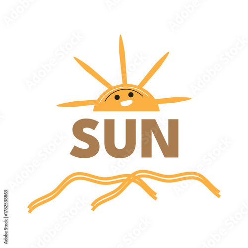 Smiling cartoon sun with rays and the word sun