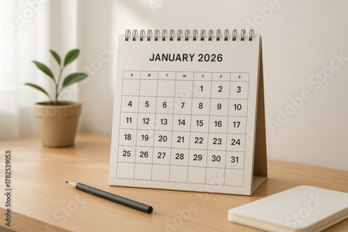 Minimal desk with January 2026 calendar, pencil, and plant—ideal for planning, schedule visuals, office blogs, and new year goals.
