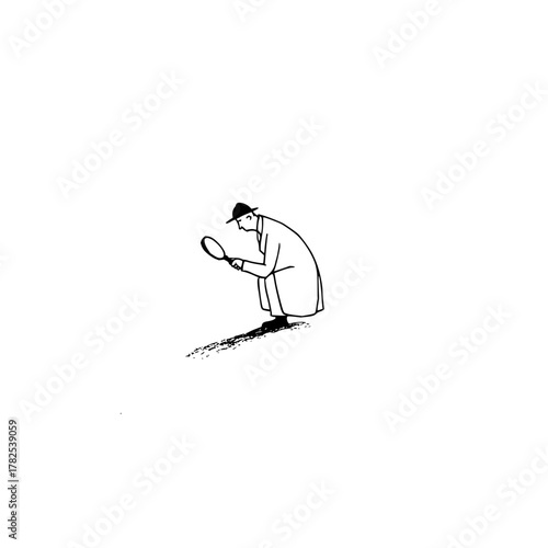 Vector a detective in a trench coat and hat crouching while holding a magnifying glass in a minimalist style svg