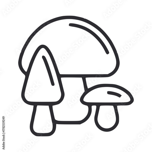 Black outline drawing of 3 mushrooms the largest in the back and 2 smaller ones in the front