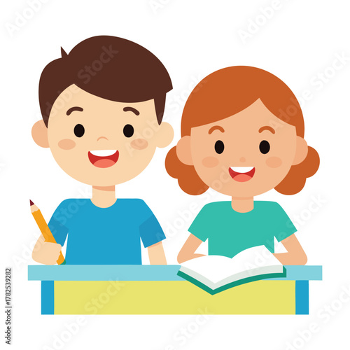 Two Happy Kids Studying at School Cartoon Vector Illustration.eps