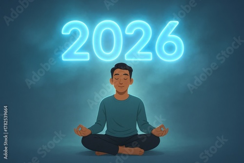 Calm illustration of a man meditating under glowing 2026—mindfulness, goals, and fresh start theme for new year designs.