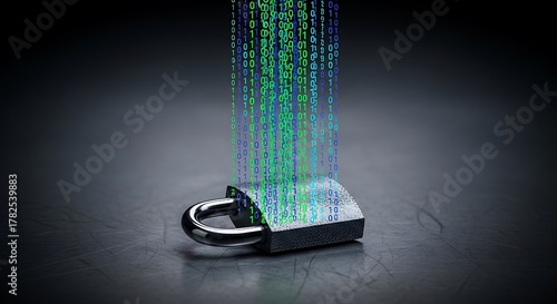 Dynamic Photo of Heavy-Duty Padlock on Metallic Surface Protected by Green Blue Binary Code Matrix - Cybersecurity Concept