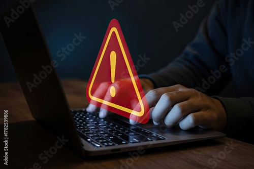 Warning alert on laptop screen signals cyber threat, data breach, or security risk