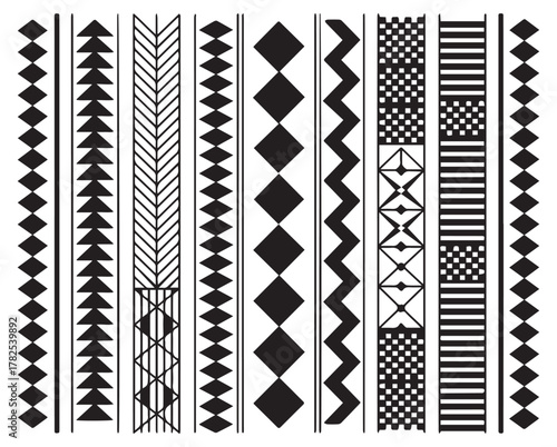 Aztec diamond arrow border strips black & white geometric vector set collections