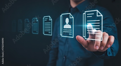 Professional selects digital document from futuristic interface for data management