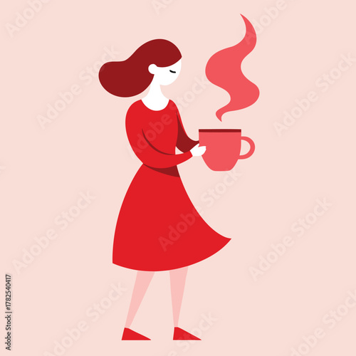 Girl in Red Dress Holding Coffee Cup Vector Illustration, Cartoon, Clipart, Poster Design.eps