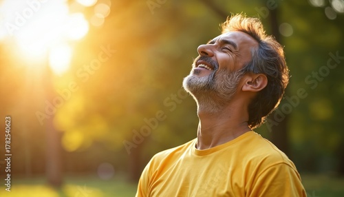 Middle aged Indian man inhales deeply fresh air. He smiles with eyes closed, feeling happy and content. Sunlight shines on his face and through green trees.