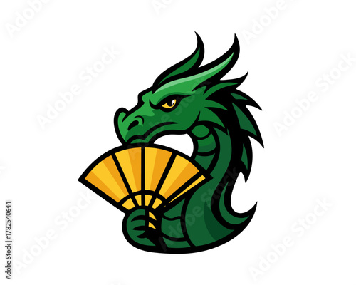 Strong green dragon holding a yellow fan, fierce mythical creature vector illustration with Asian style, perfect for fantasy design, mascot, tattoo, logo or oriental mythology concept