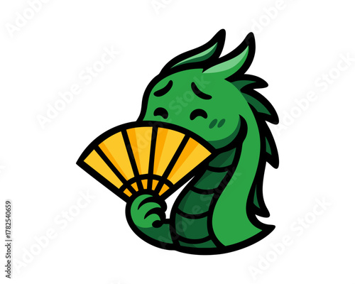Cute green dragon holding a yellow fan, smiling cartoon character in pastel style, adorable vector illustration for kids design, fantasy mascot, fairytale art or Asian mythology concept