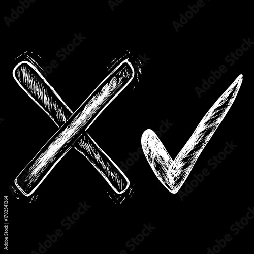 White Hand Drawn Check Mark and Cross on Black Background