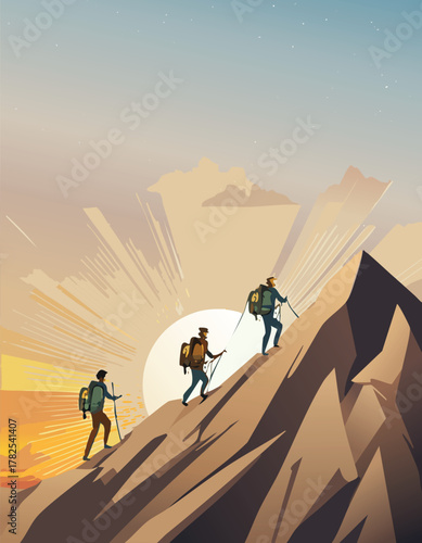 Three hikers climbing a mountain peak at sunset