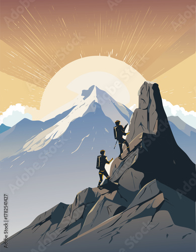 Two hikers climbing a mountain peak at sunrise