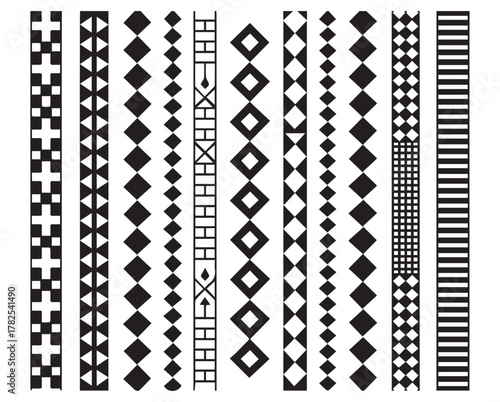 Black & white geometric border strips diamonds, crosses & chevrons vector illustration set