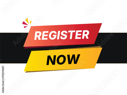 Register now button with red and yellow banners