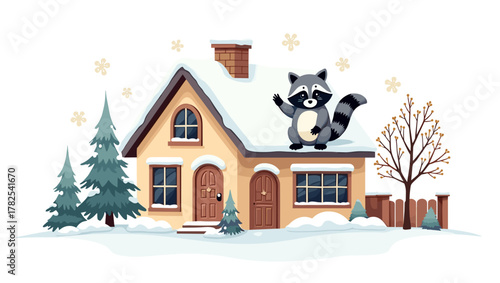 Happy raccoon on snowy roof of yellow house waving paw among trees and snowflakes, friendly winter greeting concept