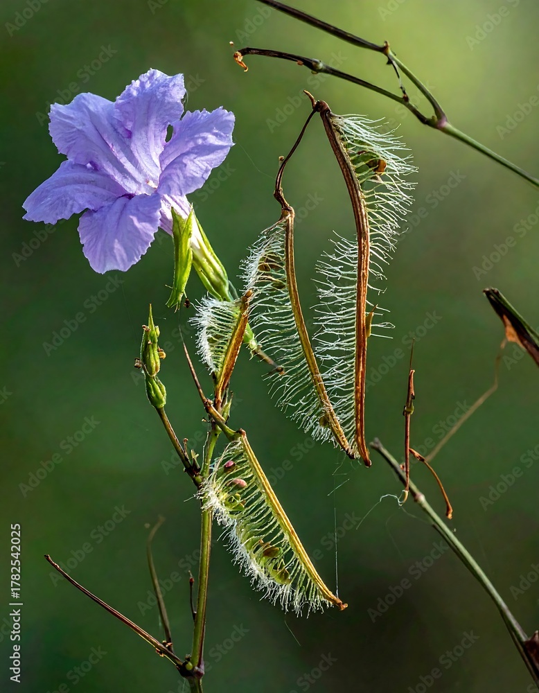 Fototapeta premium Delicate Purple Flower and Seed Pods in Natural Light.