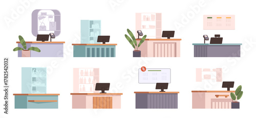 Various shop cashier counters in boutiques and stores. Vector set of checkout desks with computers, payment terminals and decorative elements. Technology, service and design in commercial interiors