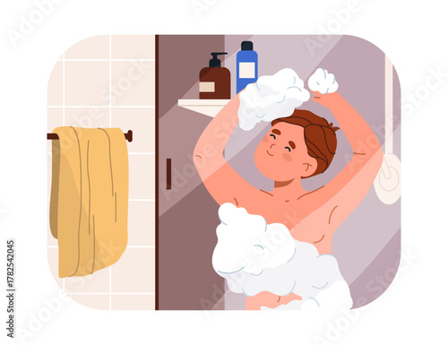 Daily routine of young boy showering before or after school. Vector in flat style, hygiene and everyday chores and habits of personage. Kid boy covered in bubbles and soapy water, cleanliness