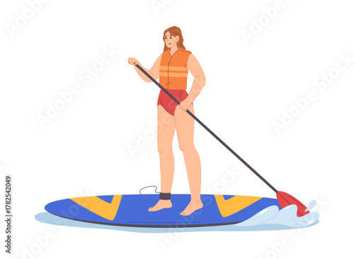 Paddle board water sports fun and recreation. Vector isolated woman standing with oar, wearing protective jacket. Summer activities and fun on resort, summertime holidays, and vacation rest